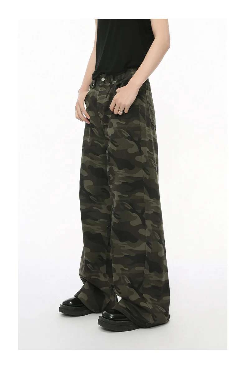 Iefb camouflage wide leg denim jeans in muted green and black camouflage pattern made from durable fabric with classic denim-style stitching.