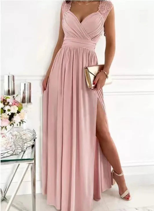 Elegant Evening Dress Women V Neck Lace Shoulder Sleeveless Slit Waist Cinched Pleated Formal Party Prom Maxi Gown