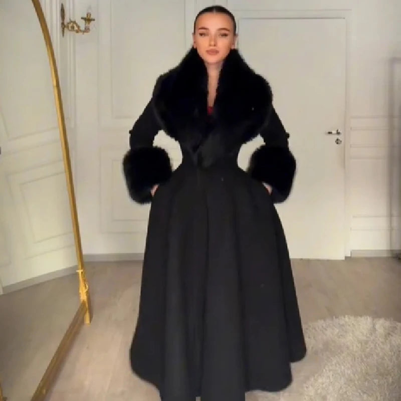 Women Wool Blend Coat Faux Fur Collar And Cuffs Fitted Waist Flared Maxi Silhouette Outerwear Winter Elegant Street Overcoat