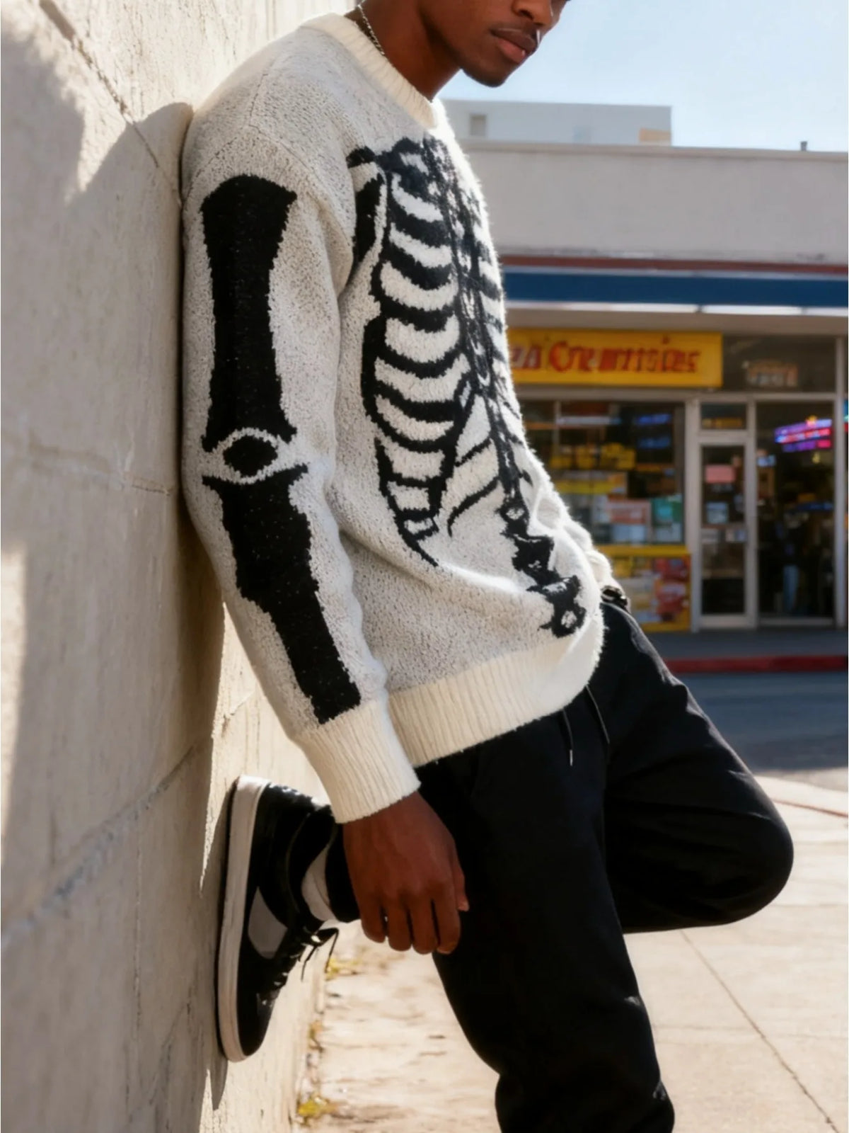 Men Crew Neck Knitted Sweater, Vintage Skeleton Ribcage Jacquard Loose Long Sleeve Gothic Streetwear Pullover Jumper