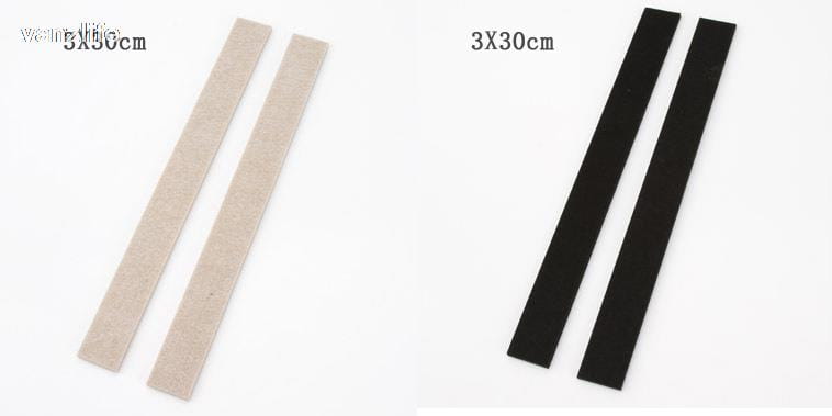 zwei beige und zwei schwarze rechteckige selbstklebende Filz-Möbelgleiter als 5 mm Fußbodenschutz-Streifen, jeweils 3 mal 30 cm, zur Vermeidung von Kratzern am Fußboden durch Möbel