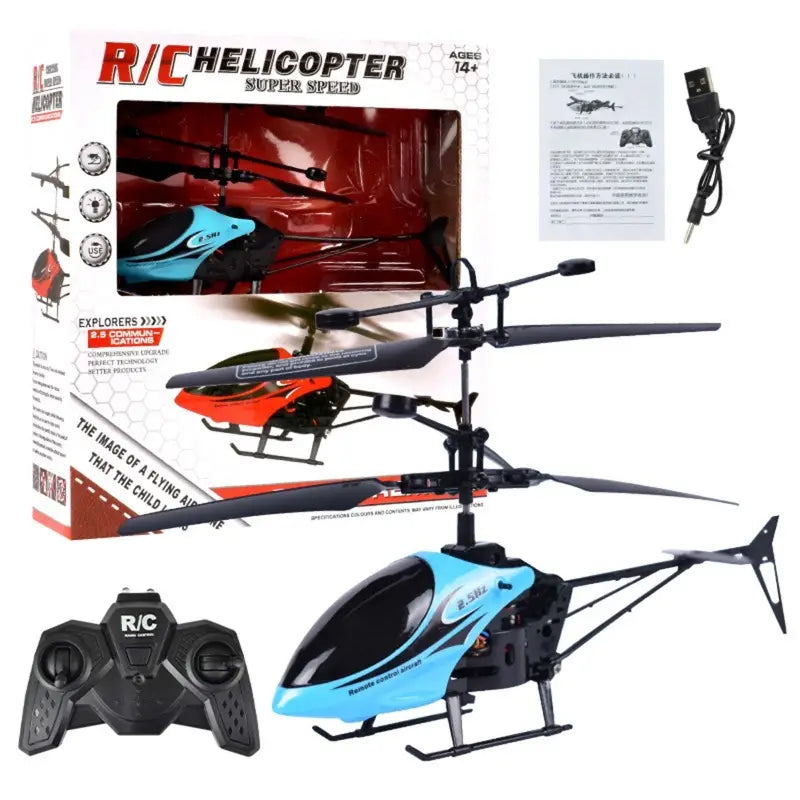 Blue and black high quality remote control helicopter with sleek aerodynamic design and package includes remote controller.