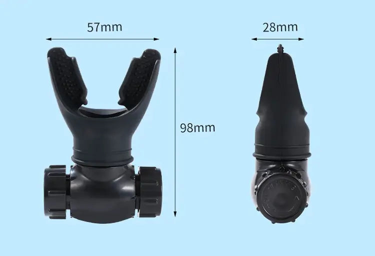 Black plastic scuba diving regulator respiratory trainer lung fitness device with 57mm mouthpiece and 98mm height.