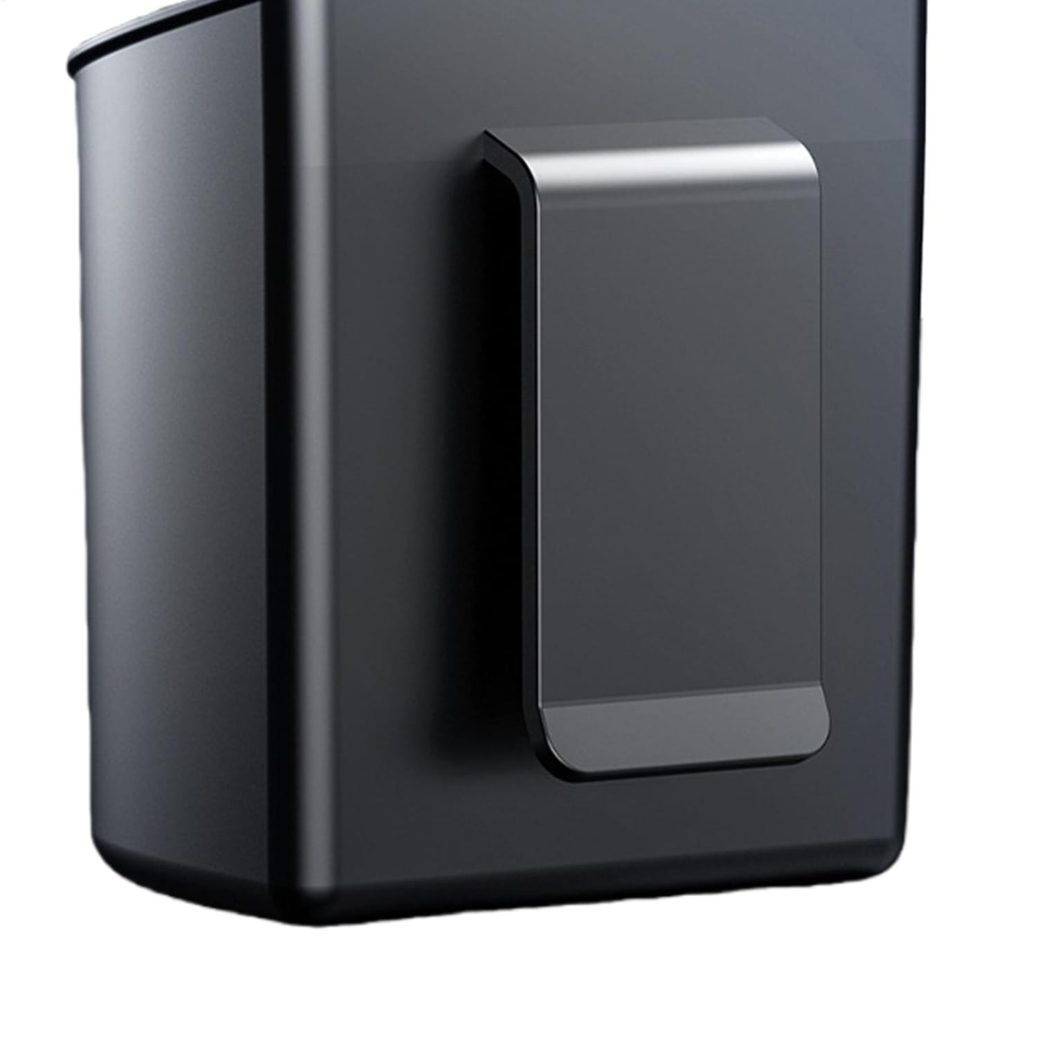 Black rectangular phone case with sleek minimalist design and metallic silver clip designed as a car door cup holder for vehicles.