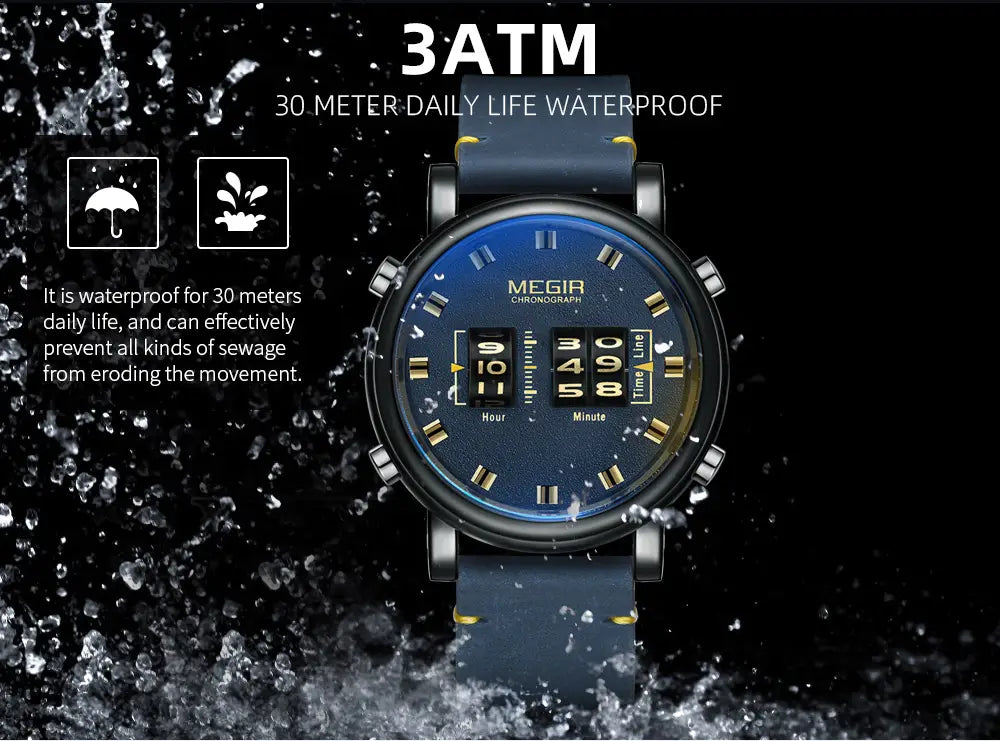 Megir military quartz watch with blue dial chronograph, black case, and dark blue rubber strap.