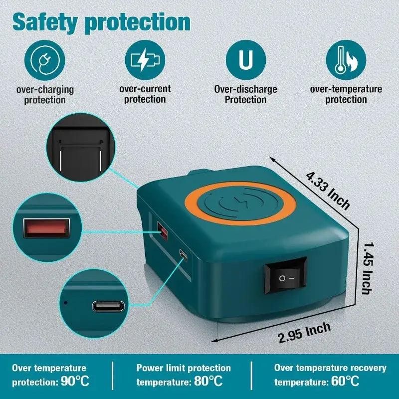 Makita 18v battery wireless charger in teal and orange featuring a usb-c port power switch and safety protection features.