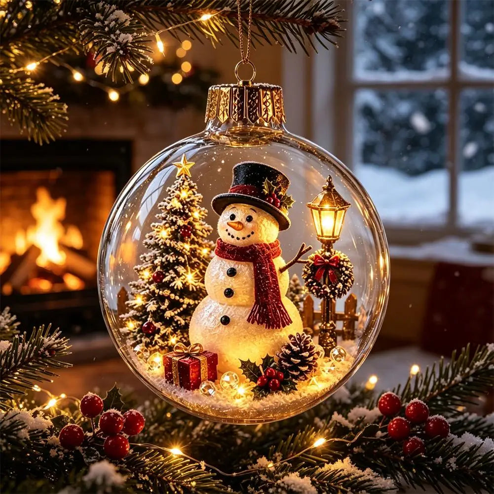 Eine leuchtende transparente Glas-Globus-Weihnachtszierkugel zeigt einen detaillierten Schneemann mit schwarzem Zylinderhut und rotem Schal neben einem kleinen, beleuchteten Baum, Tannenzapfen, einer Geschenkbox und einer Laterne in einer bruchsicheren Feiertagsdekoration.