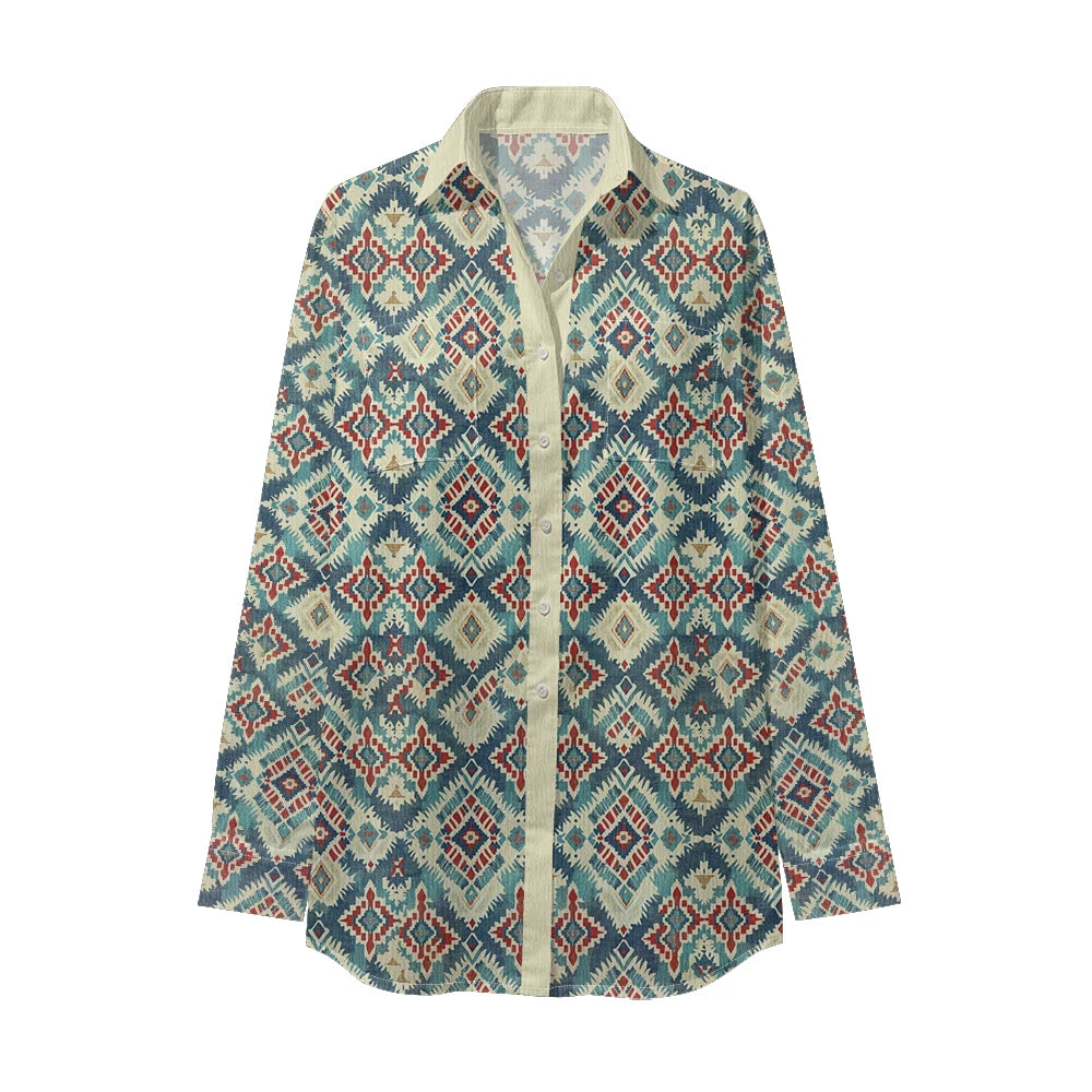 Ethnic-Inspired Long-Sleeve Women Shirt with Aztec Geometric Pattern Printed Front 2 Pockets Button-Up Retro Tribal Casual Style