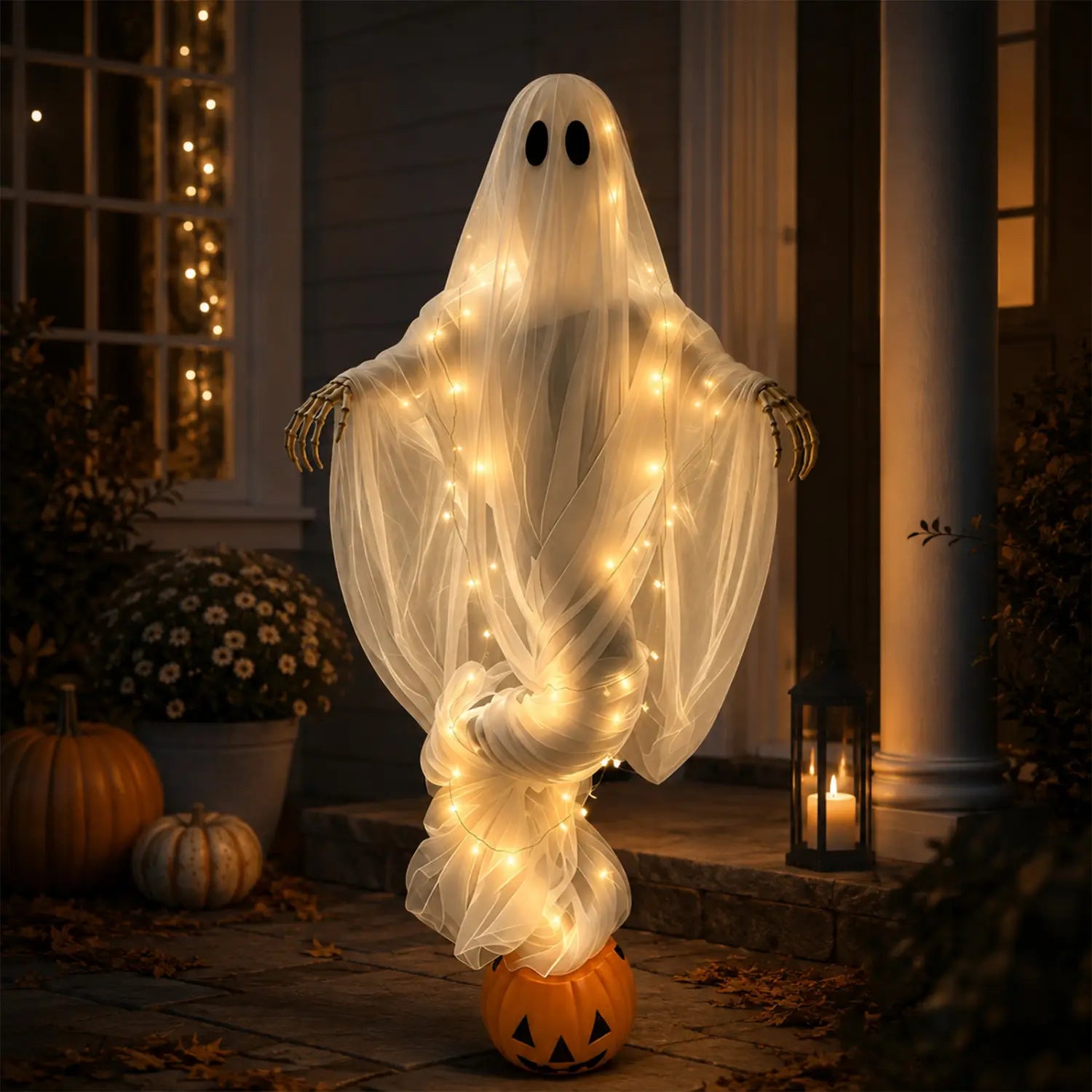 Eine Halloween-Kürbis-Geist-Lichtdekoration für den Außenbereich im Vorgarten mit einem leuchtenden weißen, durchscheinenden Geist mit schwarzen Augenöffnungen, Skelett-Händen und warmen Lichterketten.
