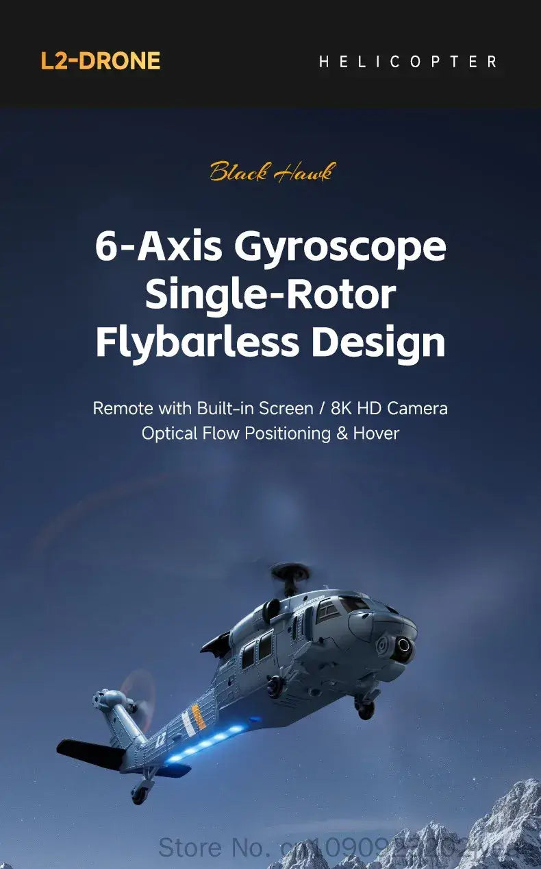 gray and black remote control helicopter with 8k camera featuring a black hawk l2-drone design with 6-axis gyroscope and single-rotor flybarless system
