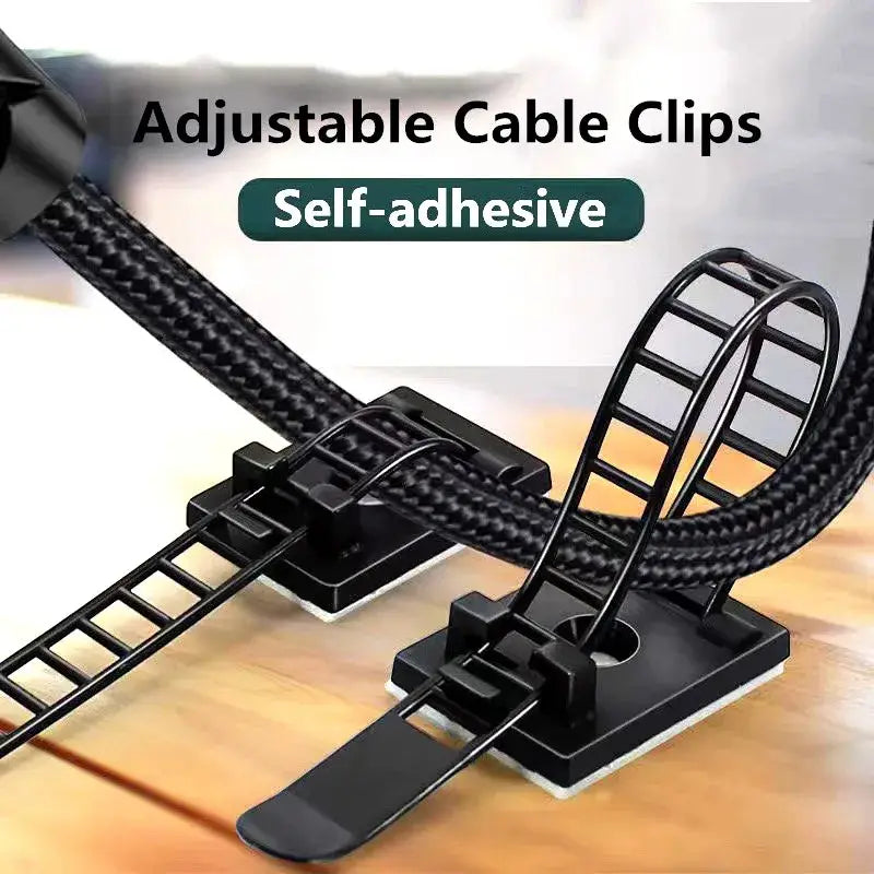 Soporte para bridas autoradherente negro, ajustable, con abrazaderas para cables con diseño tipo escalera, que sujeta cables trenzados negros gruesos para la organización del cableado.