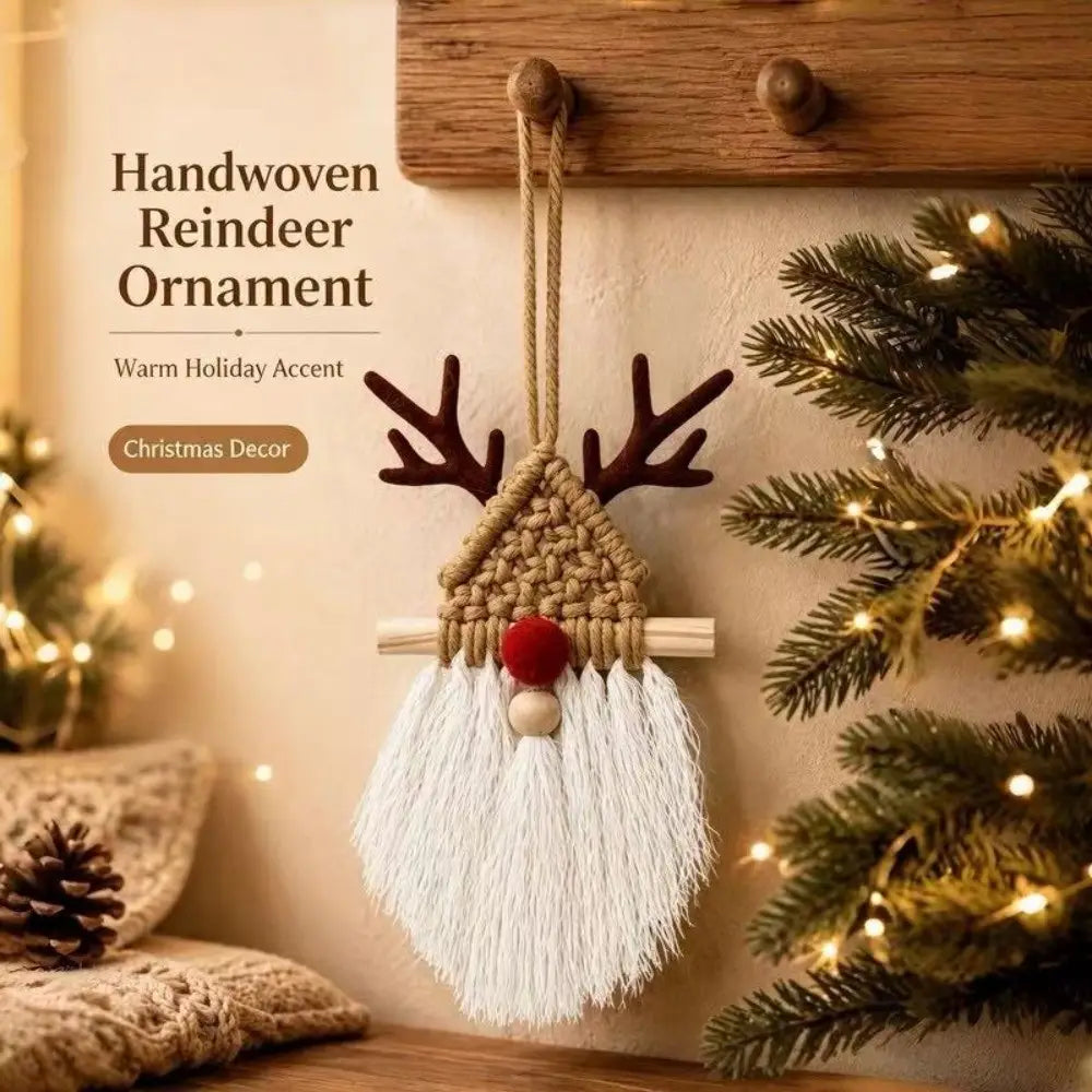 Handwoven macrame christmas wall hanging tapestry featuring a reindeer ornament with brown antlers red nose and white fringe beard made from macrame rope.
