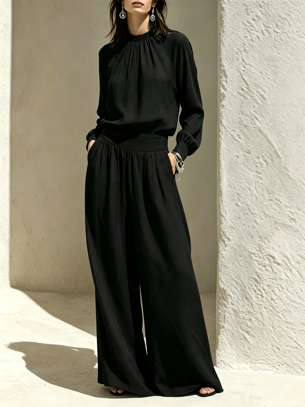 2026 Fall European and American New Casual, High-End, Stand-Up Collar Outfit Set: Loose Blouse, Wide-Leg Pants for Women.