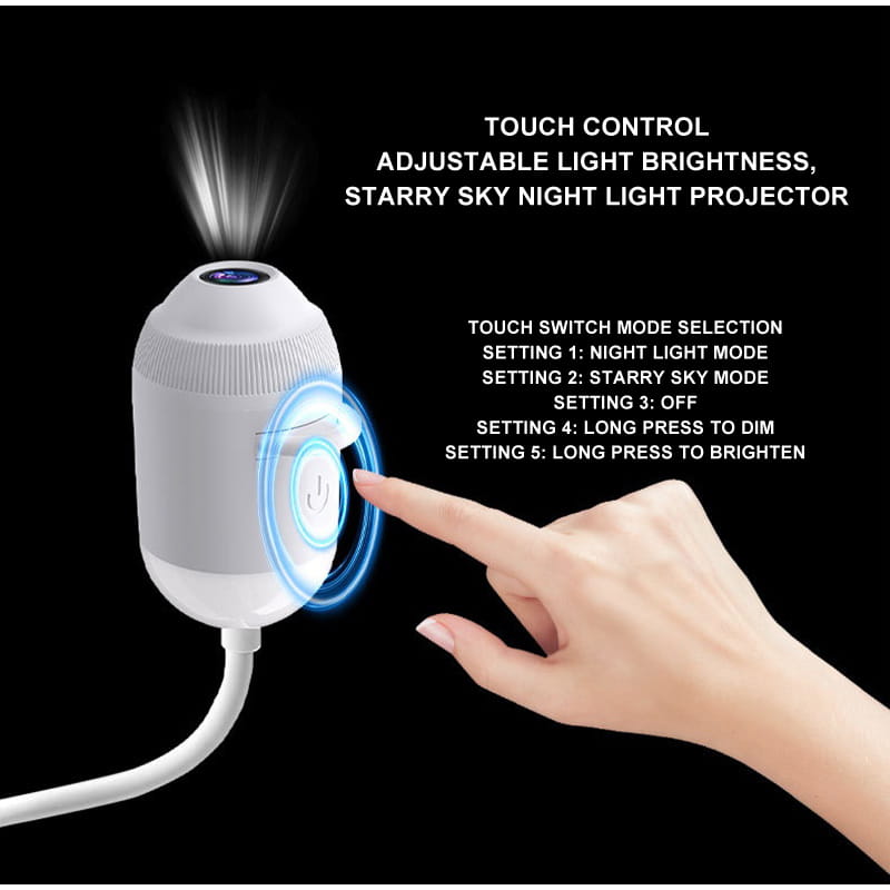 White cylindrical touch control night light projector with adjustable brightness and starry sky atmosphere lamp for bedroom ambiance.