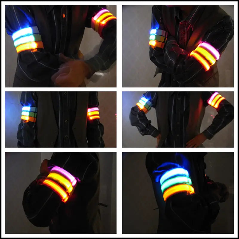 Brazalete de seguridad LED recargable por USB para correr, con tiras LED horizontales luminosas y brillantes en colores vibrantes azul, naranja y verde, para mejorar la visibilidad en actividades al aire libre.