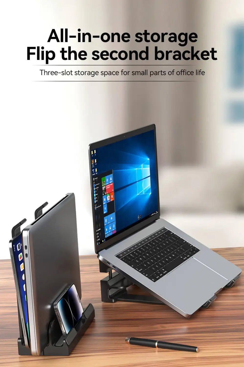 schwarzer Kunststoff-All-in-one-vertikaler Laptopständer und -halter mit verstellbarer Kippschiene (zweite Halterung) und Dreifach-Speicherfach für Laptops und Tablets