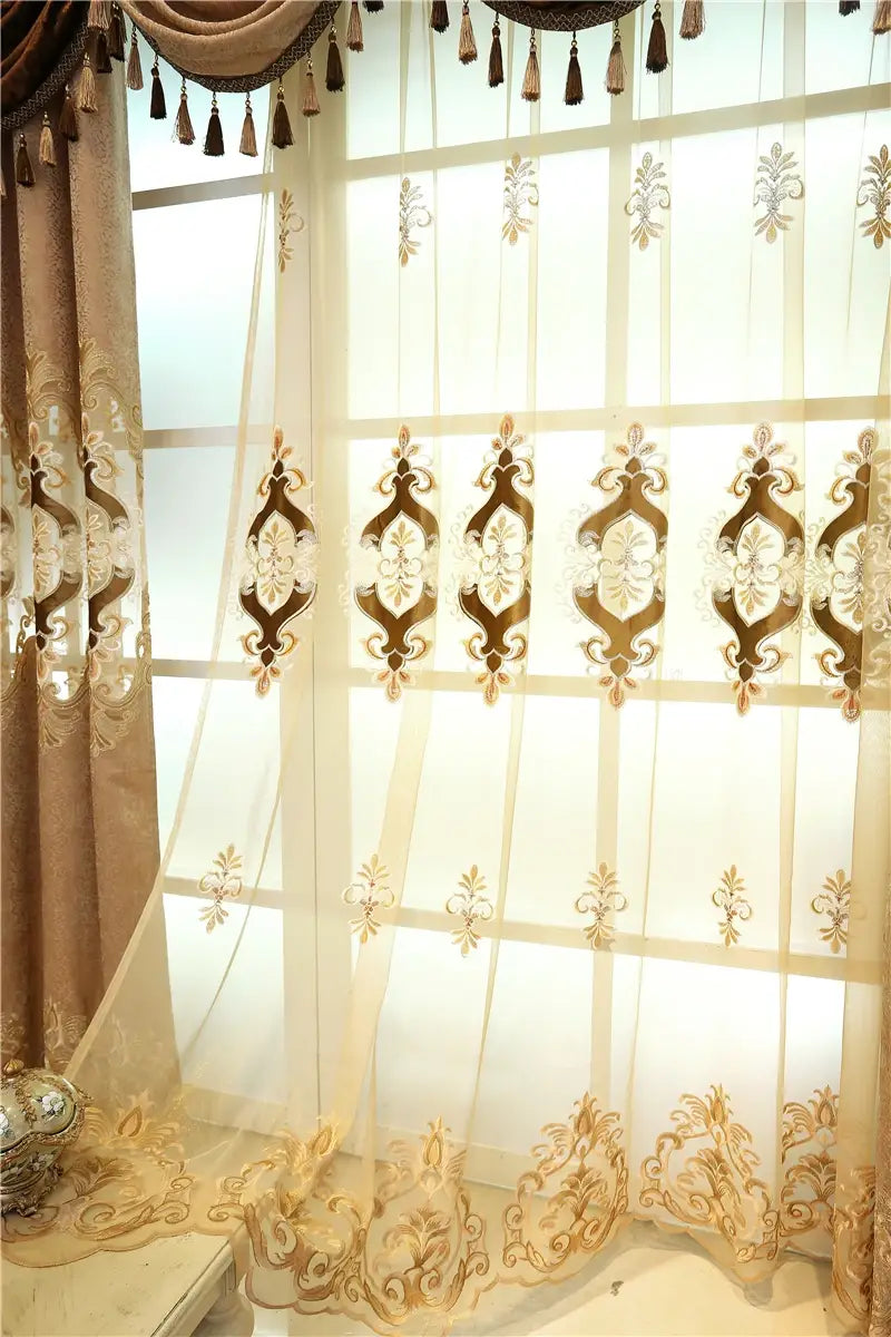 beige and gold embroidered sheer living room curtains with ornate floral patterns designed for french window use