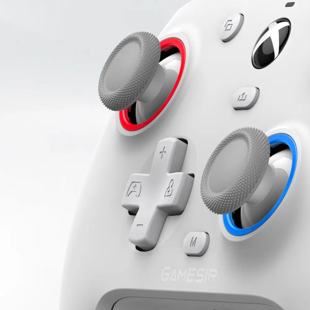 White Gamesir G7 magnetic faceplate and accessories kit gaming controller with textured gray analog sticks and red and blue circular accents around the triggers.