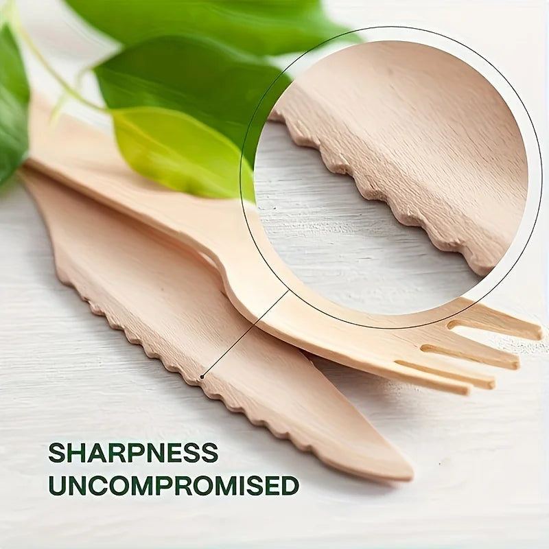 A Set of Premium Wooden Cutlery – 100/200 Pieces of Disposable Cutlery (50/100 Forks, 25/50 Knives, 25/50 Spoons), Suitable for Events and Catering Services, Includes 5.5inch / 6.3inch Utensils, with a Wooden Table Cutlery