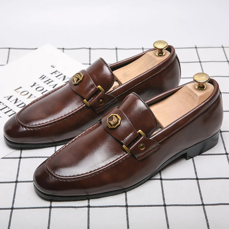 Men Business Dress Casual Fashion Elegant Formal Shoes Slip-on Evening Dress Loafers Party Metal Buckle Wedding Leather Shoes