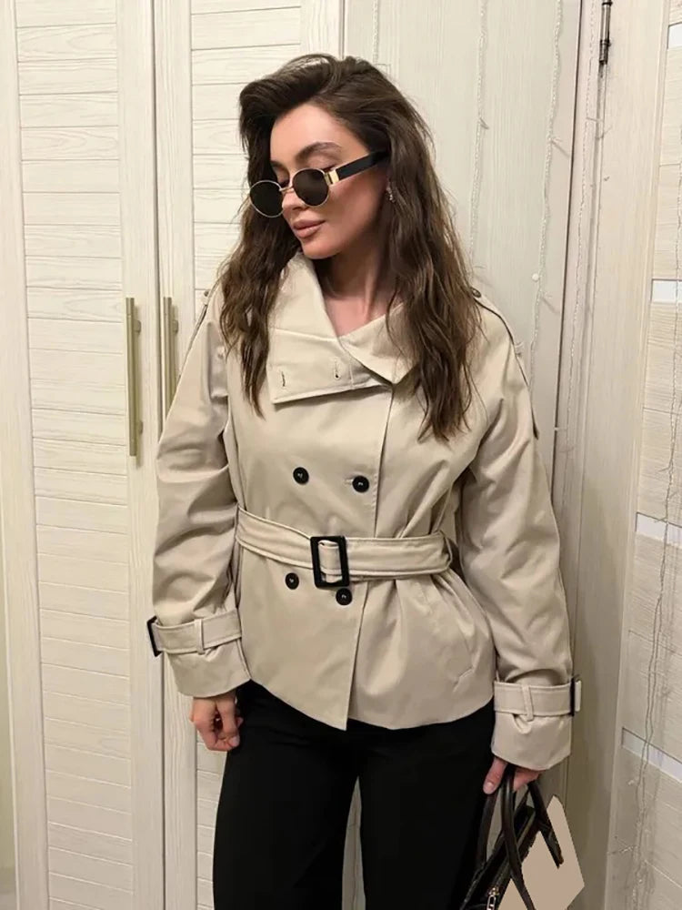 Minimalist Brown Belted Waist Trench Coat Women Vintage Double Breasted Stand Collar Jacket 2026 New Autumn Chic Casual Overcoat