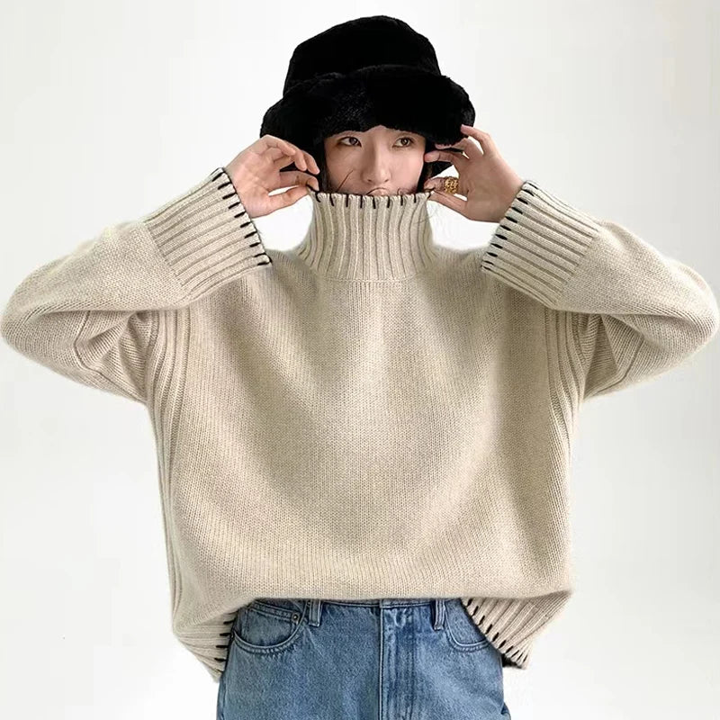 100% Pure Wool Sweater Women's 2025 Autumn and Winter New High Neck Pullover Fashionable Loose Plus Size Warm Knit Top