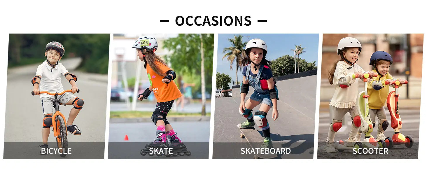 Juego de protección para niños para ciclismo y patinaje en colores vivos que incluye casco, rodilleras, coderas y protecciones para las muñecas, diseñado para la seguridad de los niños durante actividades en bicicleta, patineta, scooter y patinaje.
