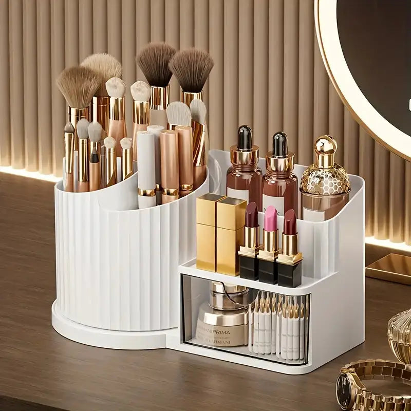 White ribbed plastic makeup organizer with brush holder and multiple compartments designed for large capacity skincare storage including brushes and lipsticks.