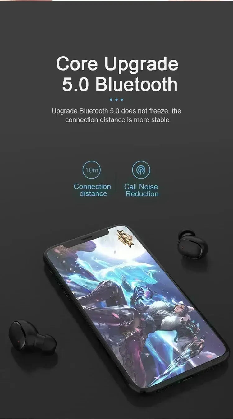 Black wireless Bluetooth earbuds with a sleek compact design featuring a 280mah charging box and polymer lithium battery for enhanced portability and performance.