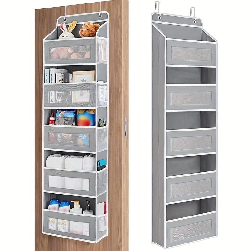 Gray fabric over door hanging storage organizer with five pockets featuring clear and solid compartments for efficient space management