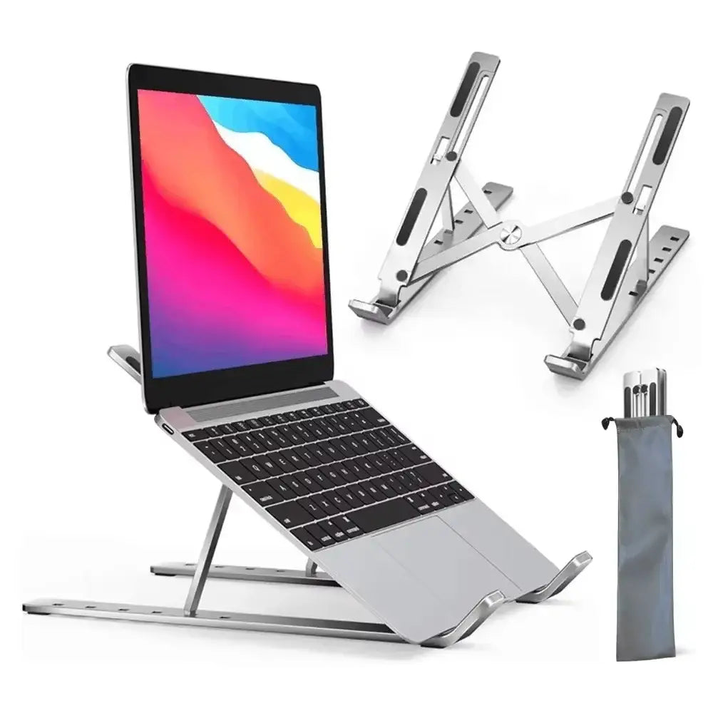Silver aluminum adjustable laptop stand with ergonomic holder featuring foldable design and height adjustment for improved workspace comfort