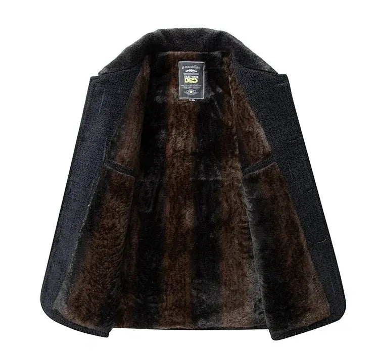 men wool blend winter trench coat in black with shearling lining and plush dark brown fur interior designed for cold weather protection