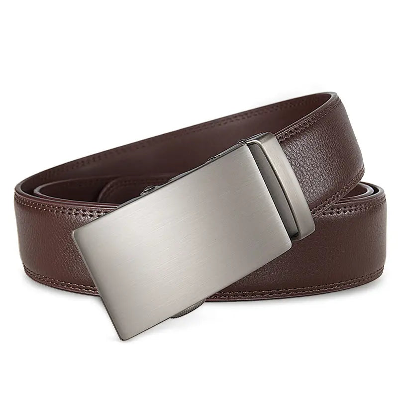 Brown leather ratchet belt for men with a sleek silver toned automatic buckle.