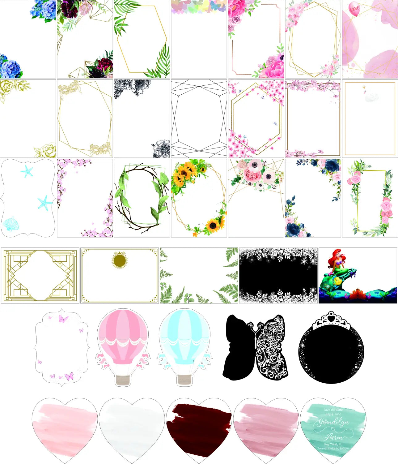 a collection of decorative printable frames and shapes featuring floral, geometric, hot air balloon, butterfly, and heart designs in pastel pink, teal, white, and black for custom hebrew acrylic prayer card wedding and bar mitzvah souvenirs.