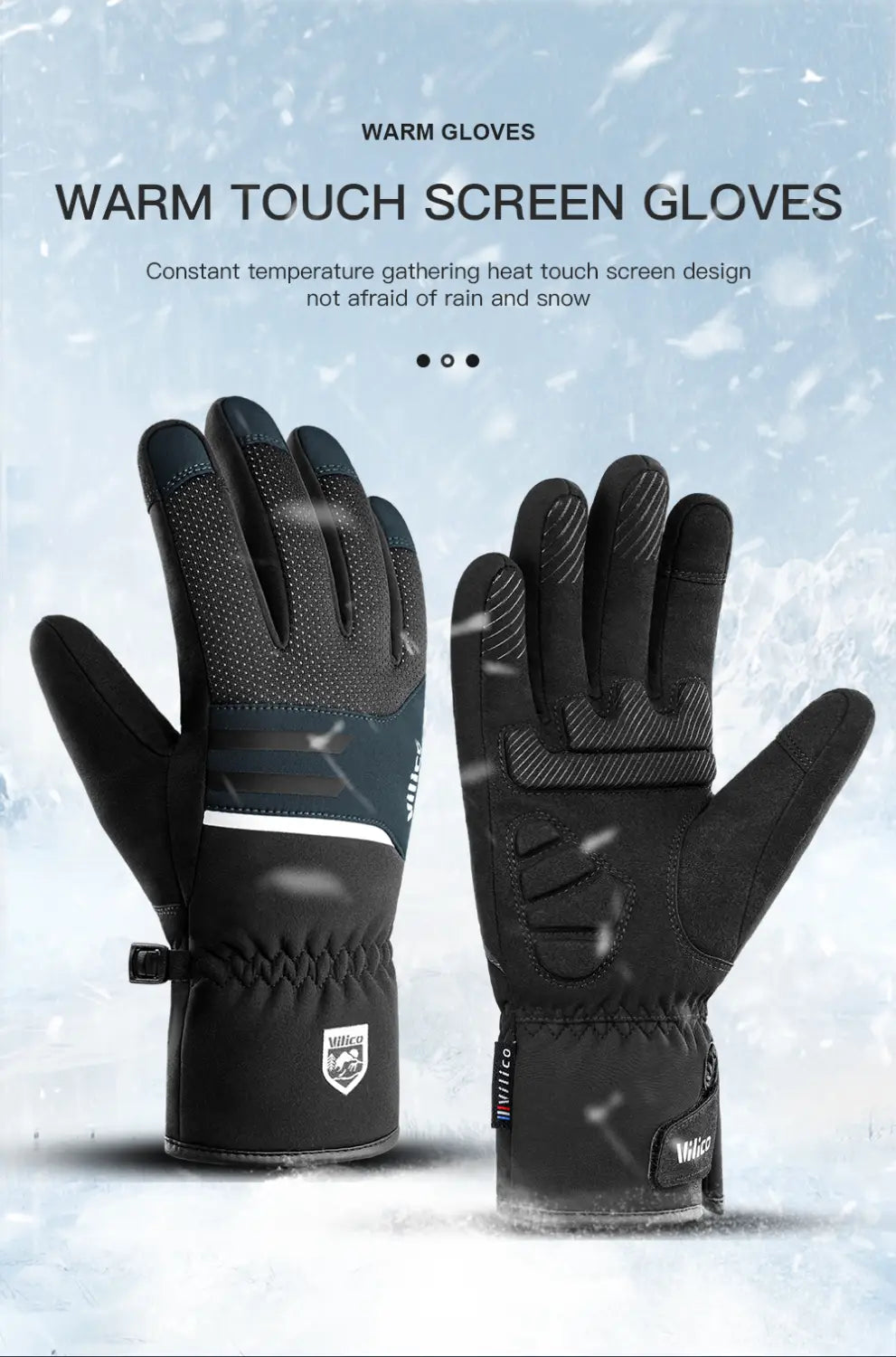 Guantes de ciclismo de invierno impermeables para hombre en color negro y gris oscuro, con palmas reforzadas, puños elásticos, un sutil acento con franja blanca y compatibilidad con pantalla táctil, mostrados desde el reverso.