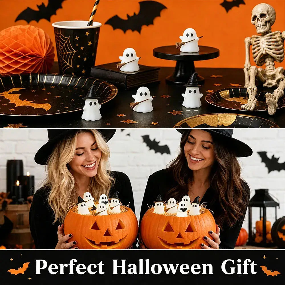 Weiße leuchtende Halloween-Geister-Desktop-Dekorationsfiguren aus Kunststoff mit schwarzen Hüten und Besen.
