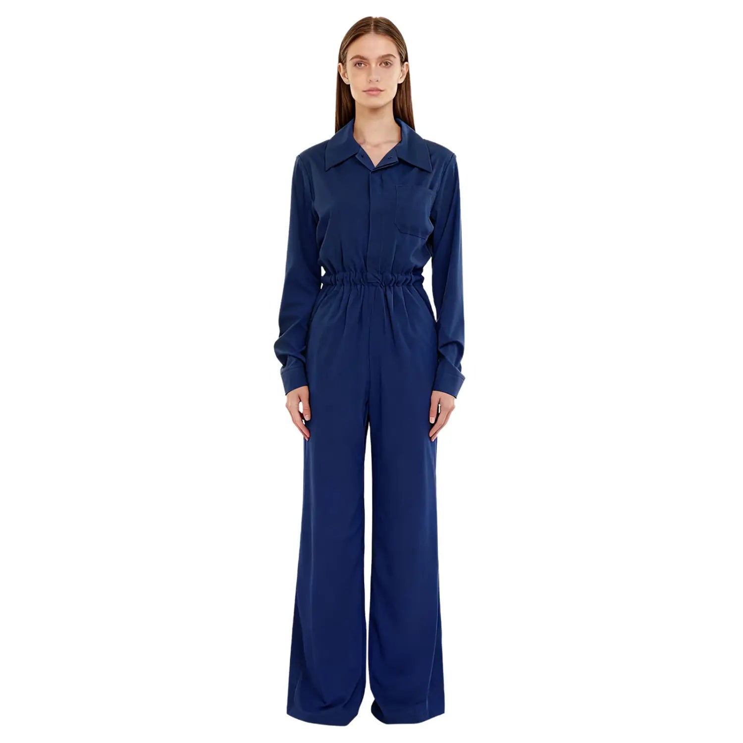 Navy blue satin jumpsuit featuring a collared shirt-style top and wide-leg pants suitable for casual wear.