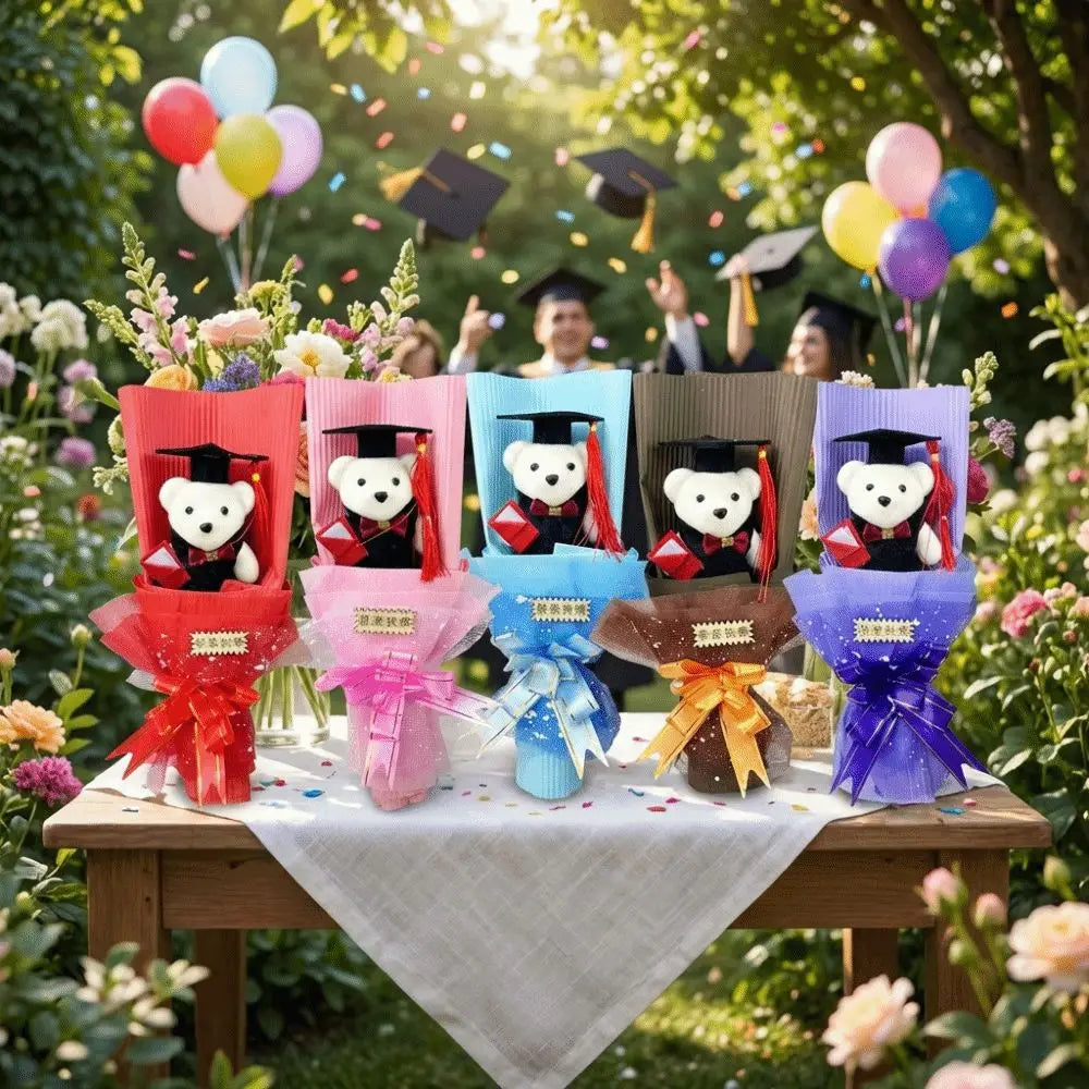 Lovely Graduation Bear Bouquet Animal Simulated Little Bear Bouquet Celebrate Handicraft Stuffed Simulated Bear Room Decoration