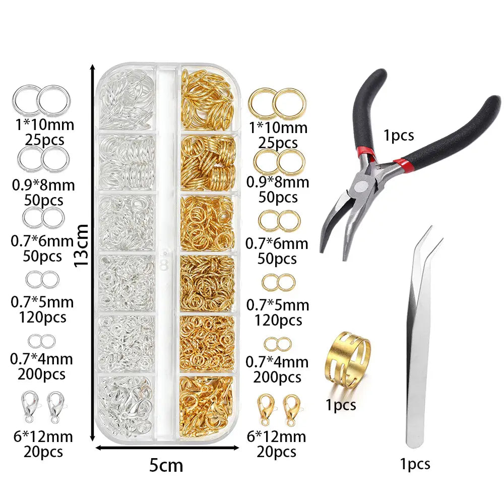 clear plastic organizer box filled with assorted gold and silver-colored metal jump rings clasps and findings for diy jewelry making findings kit with tools