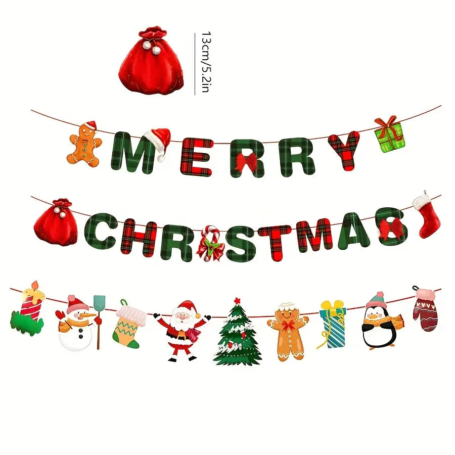 red plaid christmas banner featuring festive characters and holiday motifs designed for merry christmas plaid banner party decoration set