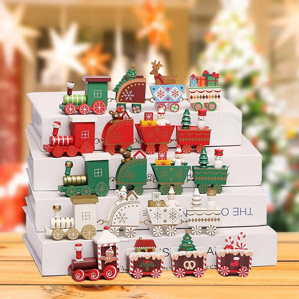 A collection of miniature wooden christmas train toy holiday home decorations in red green and white featuring festive snowmen reindeer and candy cane details.