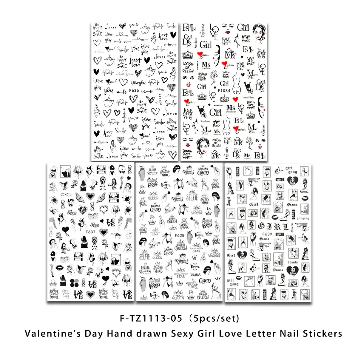Pegatinas para uñas de San Valentín que presentan cartas de amor de chica sexy dibujadas a mano en negro y blanco con acentos rojos para calcomanías de arte DIY y diseños florales de corazón.