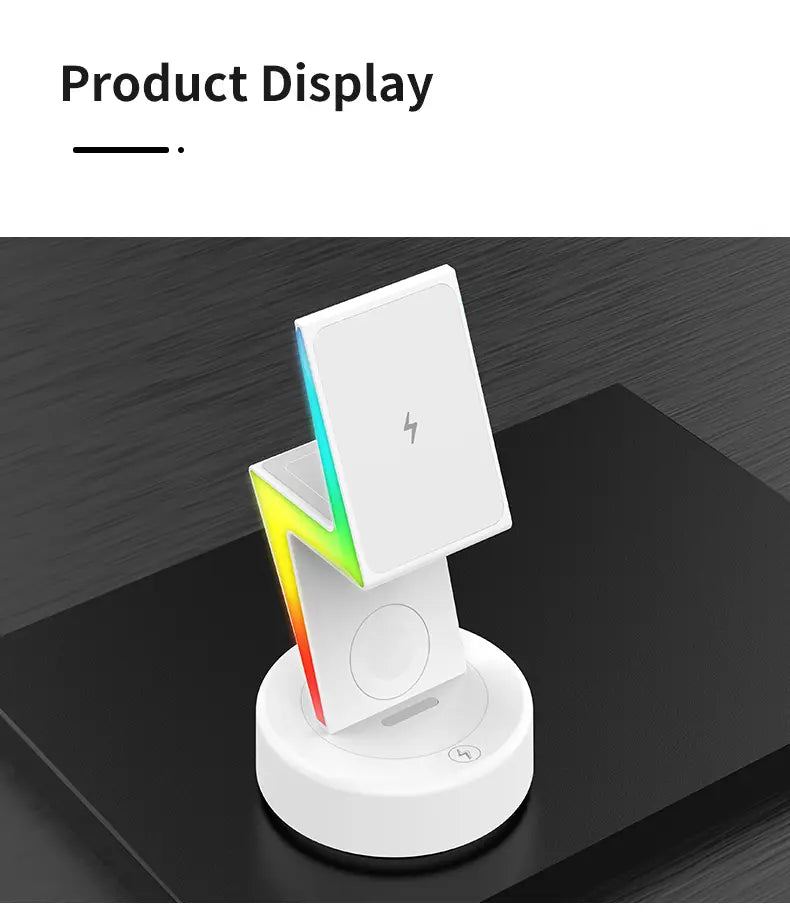 White wireless charging 3 in 1 rgb stand with a lightning bolt design and rainbow led lighting featuring magnetic alignment and optimized wireless charging output power.