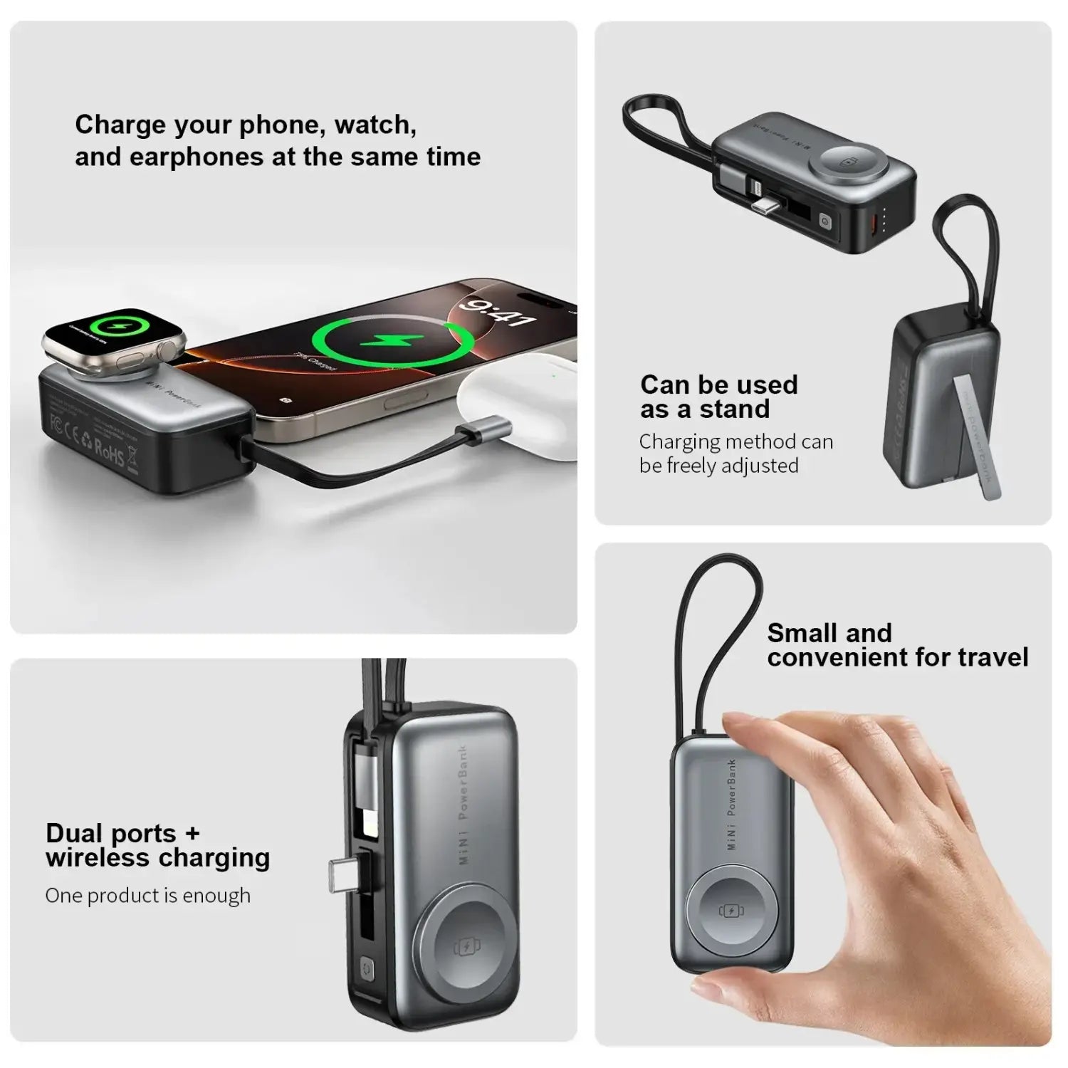 Batterie de secours mini magnétique argent compacte de 5000 mAh, dotée de deux ports et de la recharge sans fil, adaptée aux besoins d’alimentation des appareils portables.