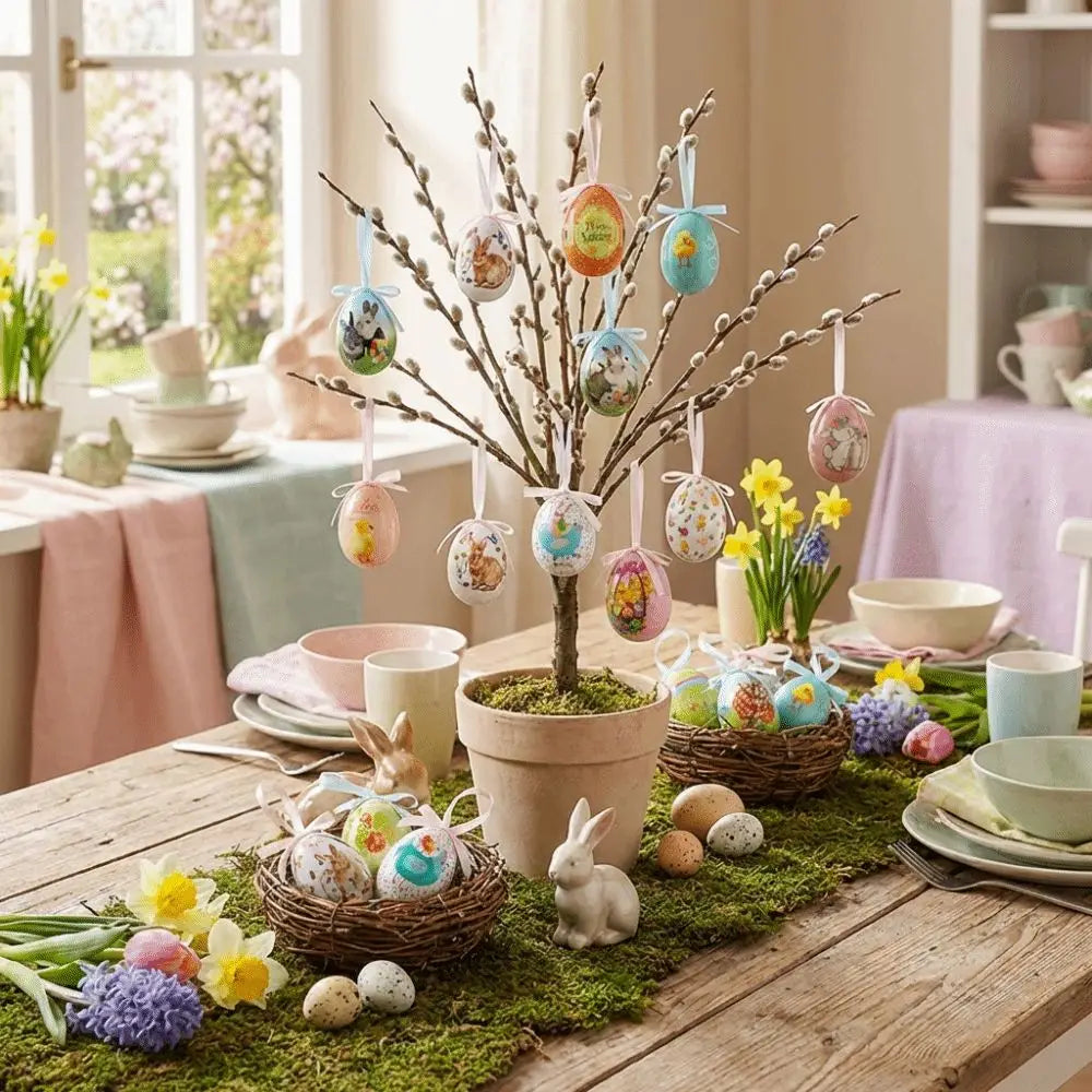 Ein dekorativer Osterbaum mit bemalten, mehrfarbigen Formschaum-Ei-Anhängern an seinen Ästen, gesetzt in einen Terrakottatopf, gefüllt mit Moos.