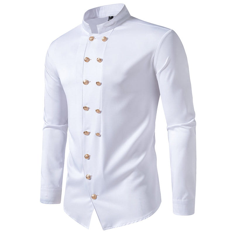 camisa gótica blanca para hombre de manga larga, cruzada doble, con cuello alzado y botones de tono dorado