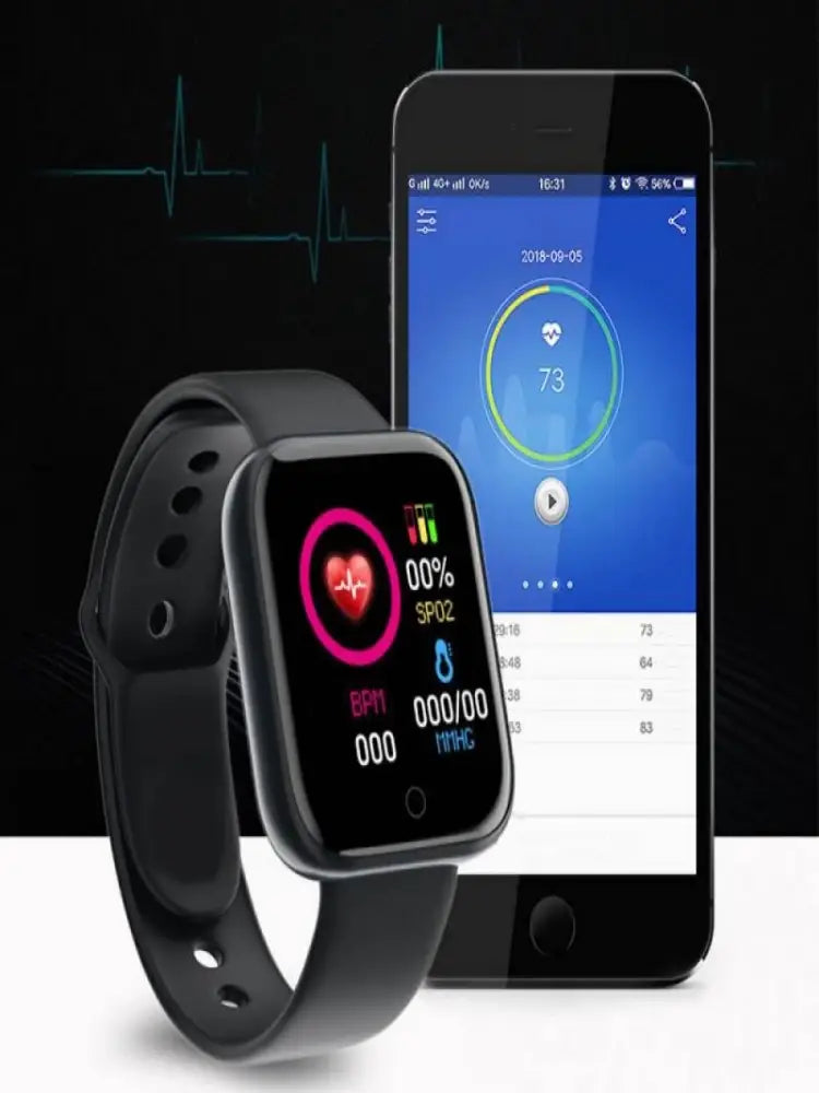 Black smartwatch with rectangular screen displaying heart rate and sleep tracking data paired with matching black silicone band for smart fitness watch with heart rate monitor.