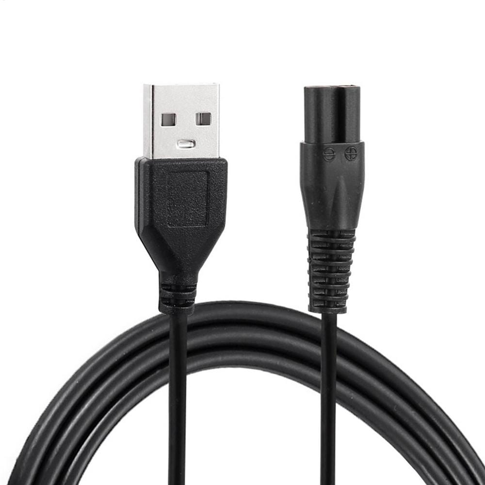 schwarzes USB-zu-Netzteil-Adapterkabel mit standardmäßigem USB-A-Anschluss und zylindrischem geripptem Stecker für das Ersatz-USB-Ladekabel des Meridian-Elektrorasierers