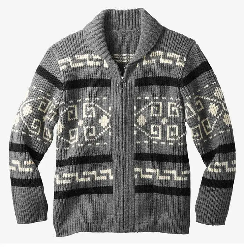 Pull-over cardigan vintage à fermeture éclair géométrique fabriqué dans une maille grise avec des motifs géométriques noir et crème.