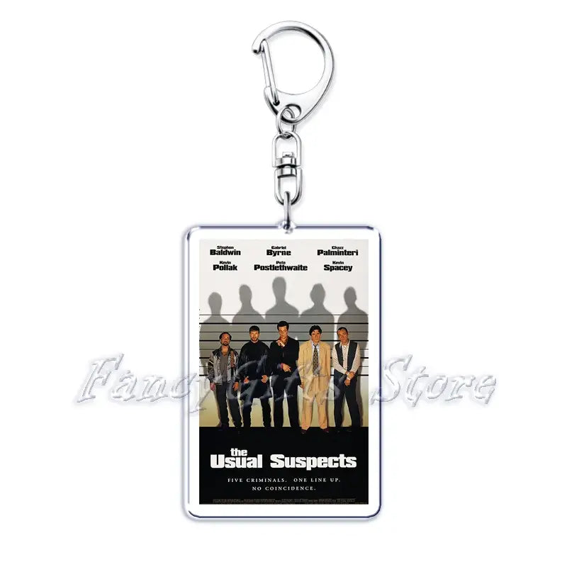 Silver rectangular acrylic keychain featuring a printed movie poster of the usual suspects with actors and tagline from the movie poster acrylic keychain set.